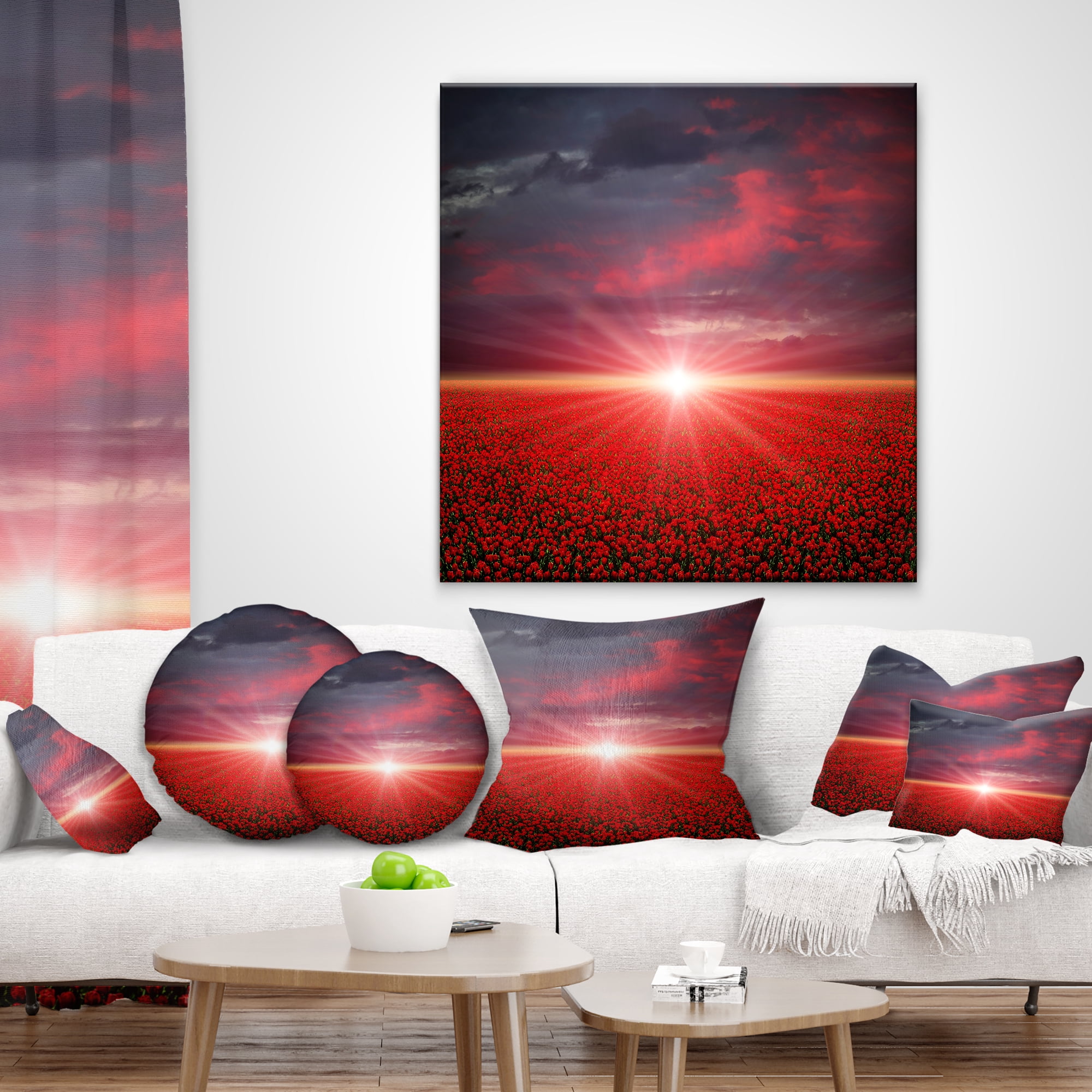 Designart Red Poppies Field at Sunset - Modern Landscape Printed Throw Pillow - 18x18