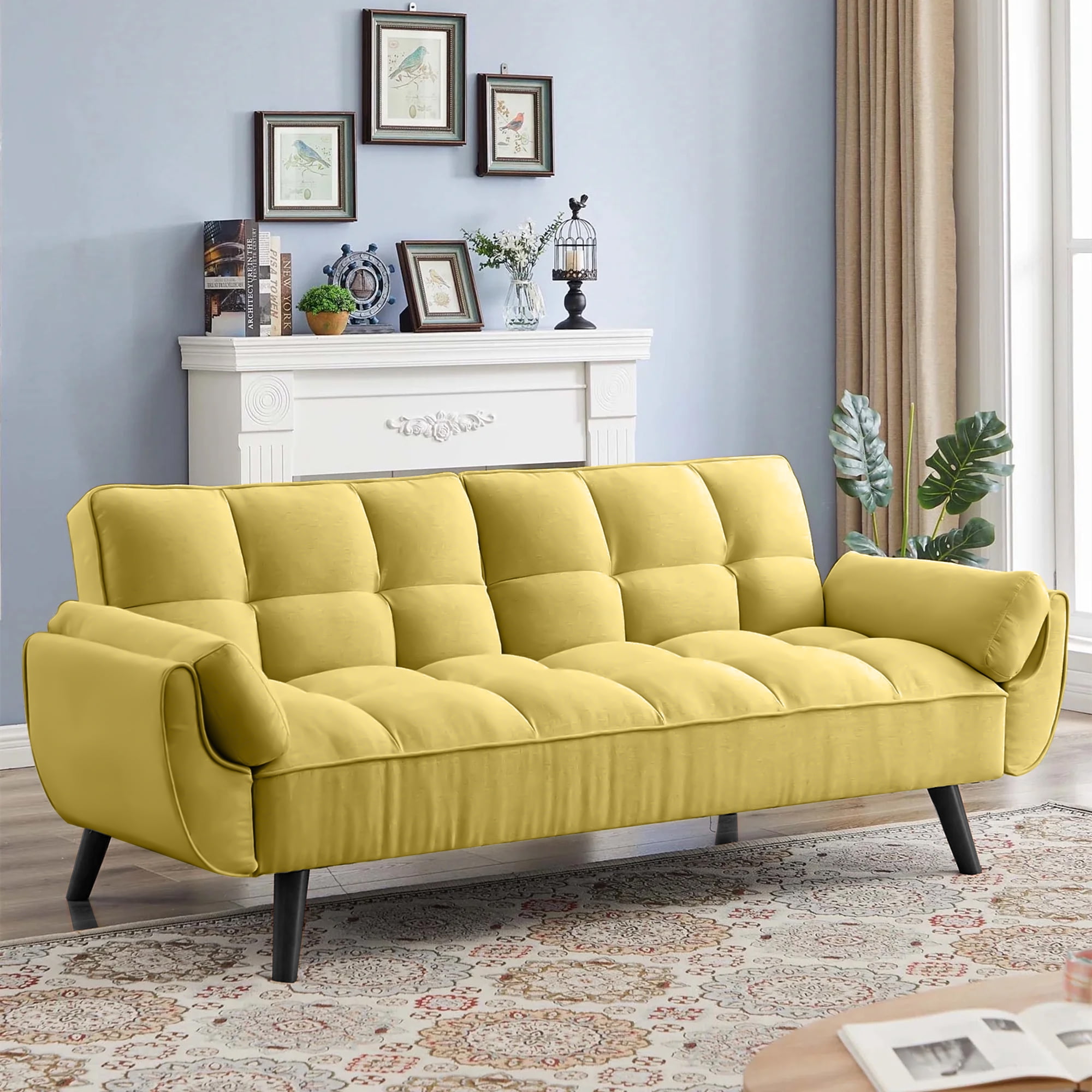 Aukfa 75 Flared Arm Futon Convertible Sofa Bed Curved Sleeper Sofa for Home Office Yellow