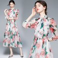 thumbnail image 1 of Dropshipping Nouvelle Robe Midi Décontractée d'Été Automne Imprimé Fruits Nœud Papillon Col Foulard Manches 3/4 Taille Empire Femmes Soirée Plage, 1 of 7