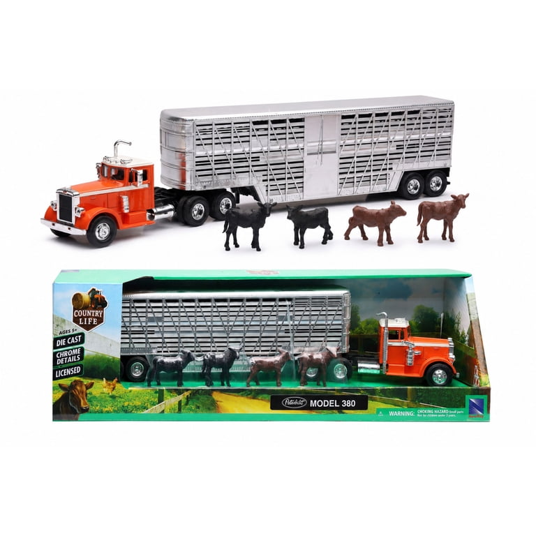 New-Ray 1:43 Scale Orange Mack Vintage Cattle Semi Truck & Trailer