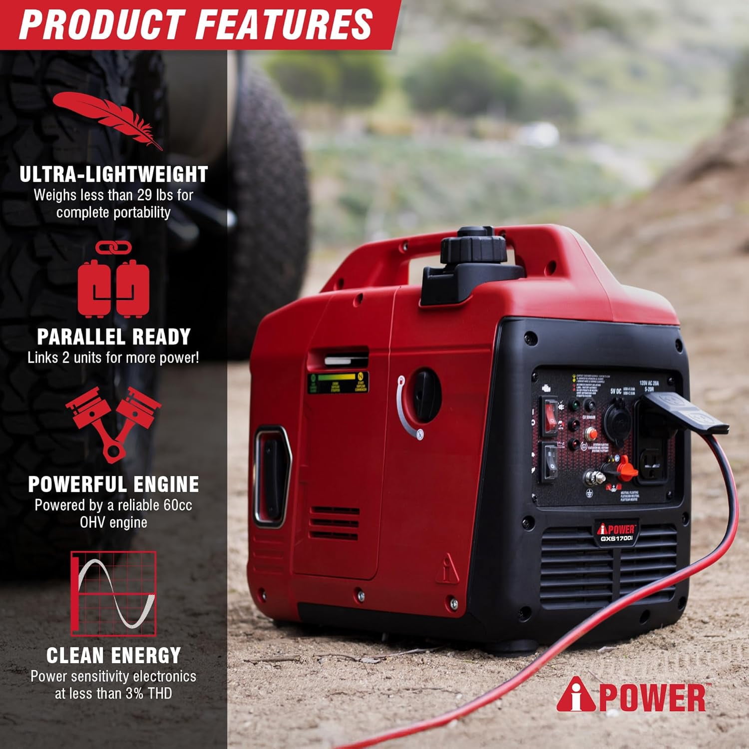 A-iPower 1700 Watt Portable Quiet Inverter Generator Gas Powered, Ultra Lightweight Generator for Camping, Tailgating, Home Backup & Emergency, EPA Certified, CO Sensor (GXS1700i)