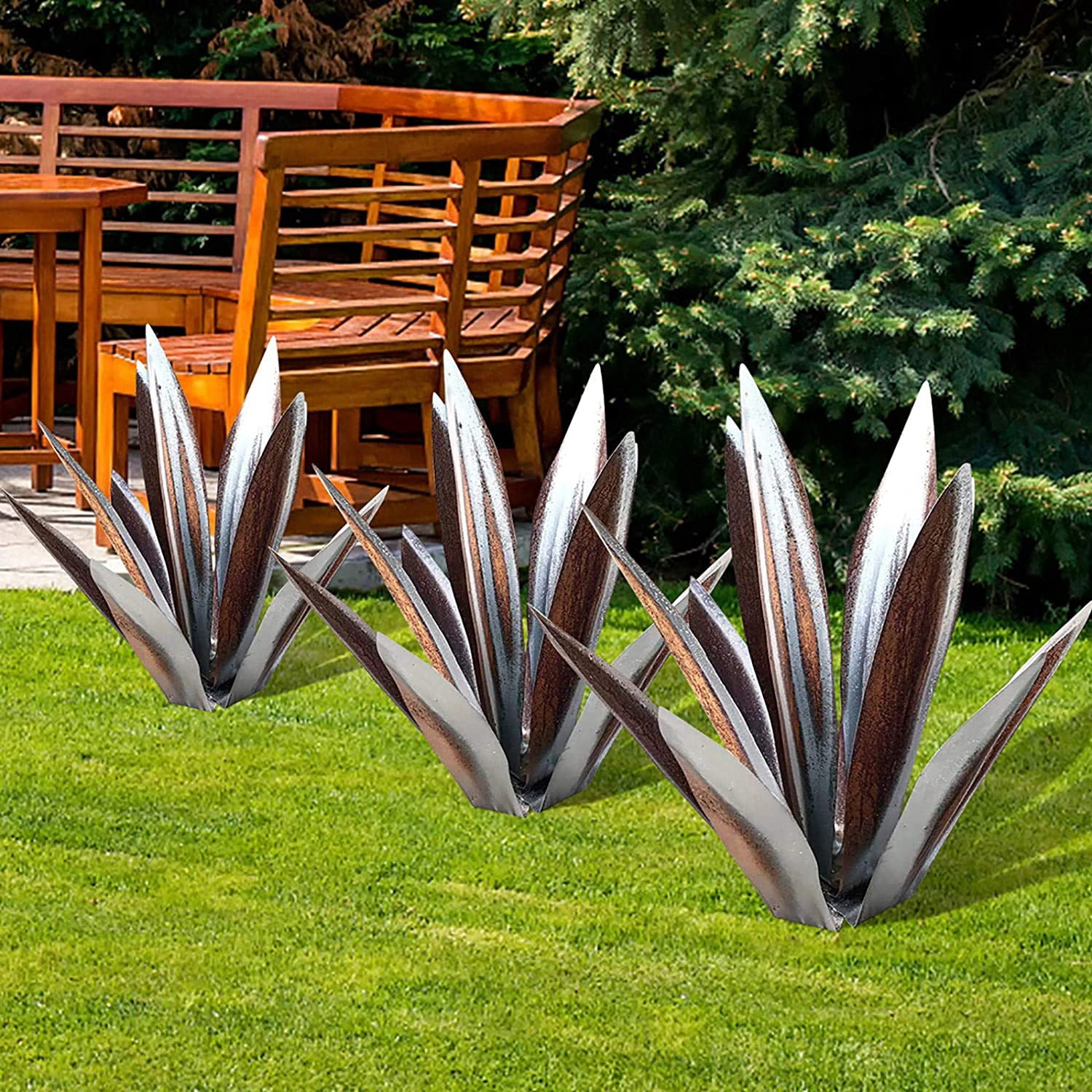 Rungungde 25“ Tequila Rustic Art Sculpture, DIY Metal Agave Plant Outdoor Garden Statue Decorations, Metal Tequila Hand Painted Statue Ornaments with 9 Leaves for Garden Yard Patio Decor