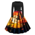 thumbnail image 2 of QATAINLAV Hepburn Cocktail Party Evening Dresses for Women Halloween Printed Long Sleeve Round Neck Midi Dress, Brown, L, 2 of 4