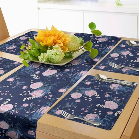 

Floral Table Runner & Placemats Tropical Pink Tones Flowers Dragonfly Night Look Vintage English Garden Art Set for Dining Table Placemat 4 pcs + Runner 12 x72 Lavender and Mauve by Ambesonne