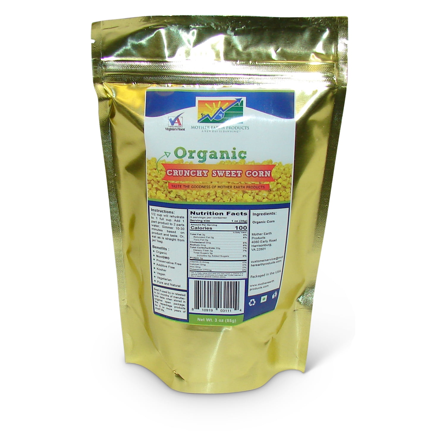 Organic Crunchy Sweet Corn, 2 full cup Mylar Bag