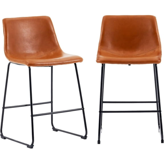 Joysoul 26'' Counter Height Bar Stools Industrial PU Faux Leather Bar Chairs with Metal Legs Hight Bar Stool Chair for Kitchen Counter and Bar Coffee Shop(Set of 2, Brown)