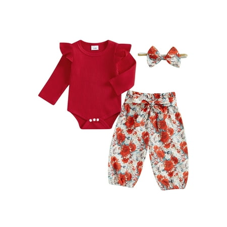 

Bagilaanoe 3pcs Newborn Fall Outfits Baby Girl Pants Set Ruffle Long Sleeve Romper Tops + Leggings + Headband 3M 6M 12M 18M 24M Infant Casual Clothes