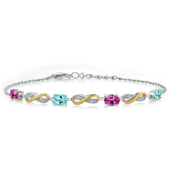 Gem Stone King 2.10 Ct Pink Created Sapphire Blue Apatite 925 Silver and 10K Yellow Gold Lab Grown Diamond Infinity Bracelet for Women Mother's Mom Wife Her, Fully Adjustable up to 7.5 inch)