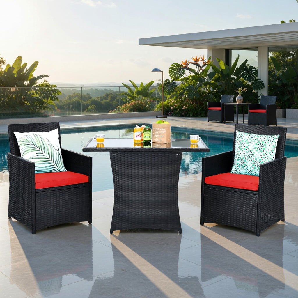 Hommoo 3-Piece Outdoor Rattan Patio Furniture Set with Red Cushions, Tempered Glass Table & Ergonomic Armchairs for Balcony, Porch, and Garden, Red