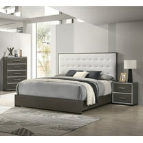 Contemporary Style 3pc King Size Brown Finish Gray Upholstered Bed Nightstand Chest Bedroom Set