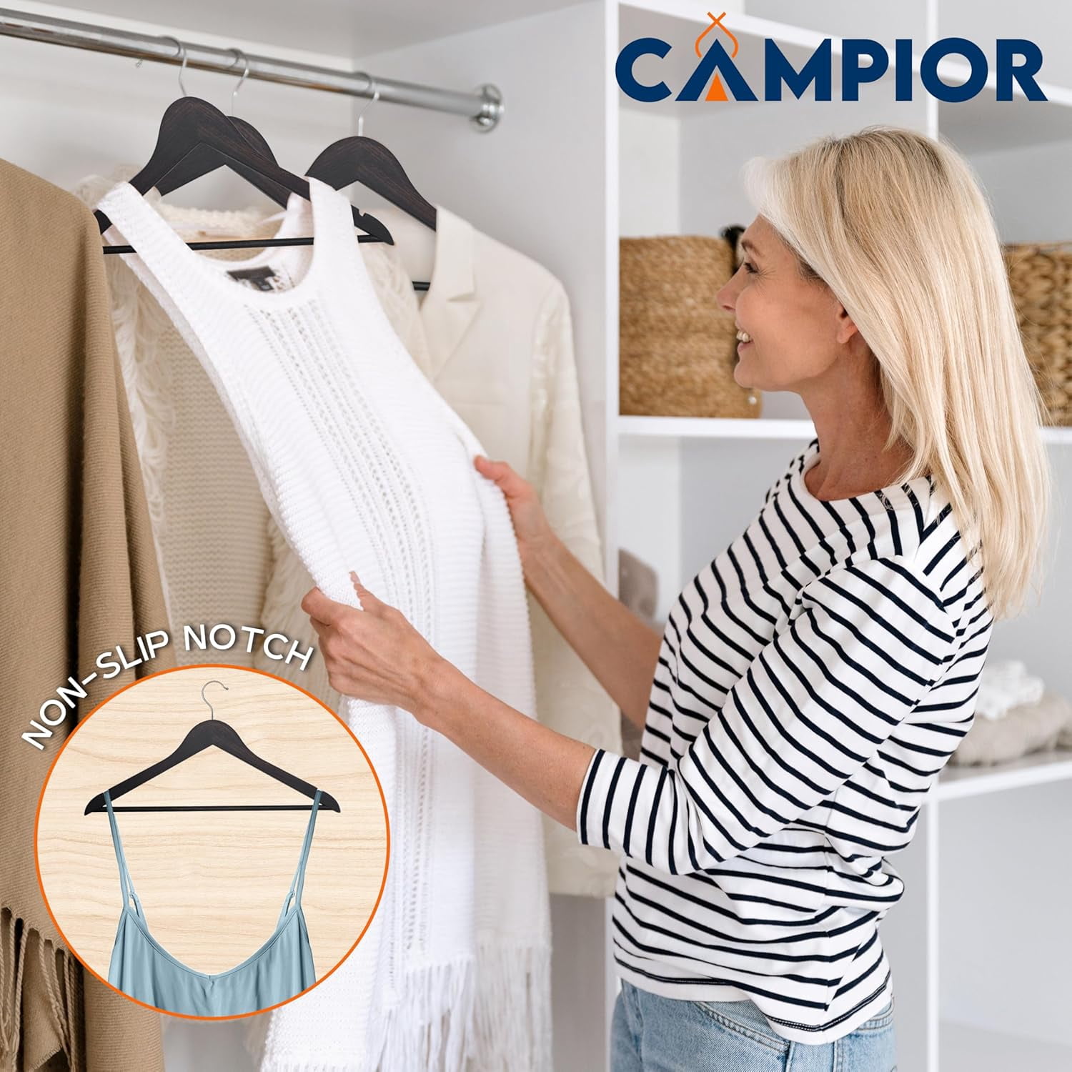 Vintage Wooden Hangers 5 Pack – Heavy-Duty with 360° Swivel Hook, Non-Slip, Pants Bar & Shoulder Grooves - Wooden Hangers for Suits, Jackets, Dresses & Camisoles, Space-Saving and Smooth Finish
