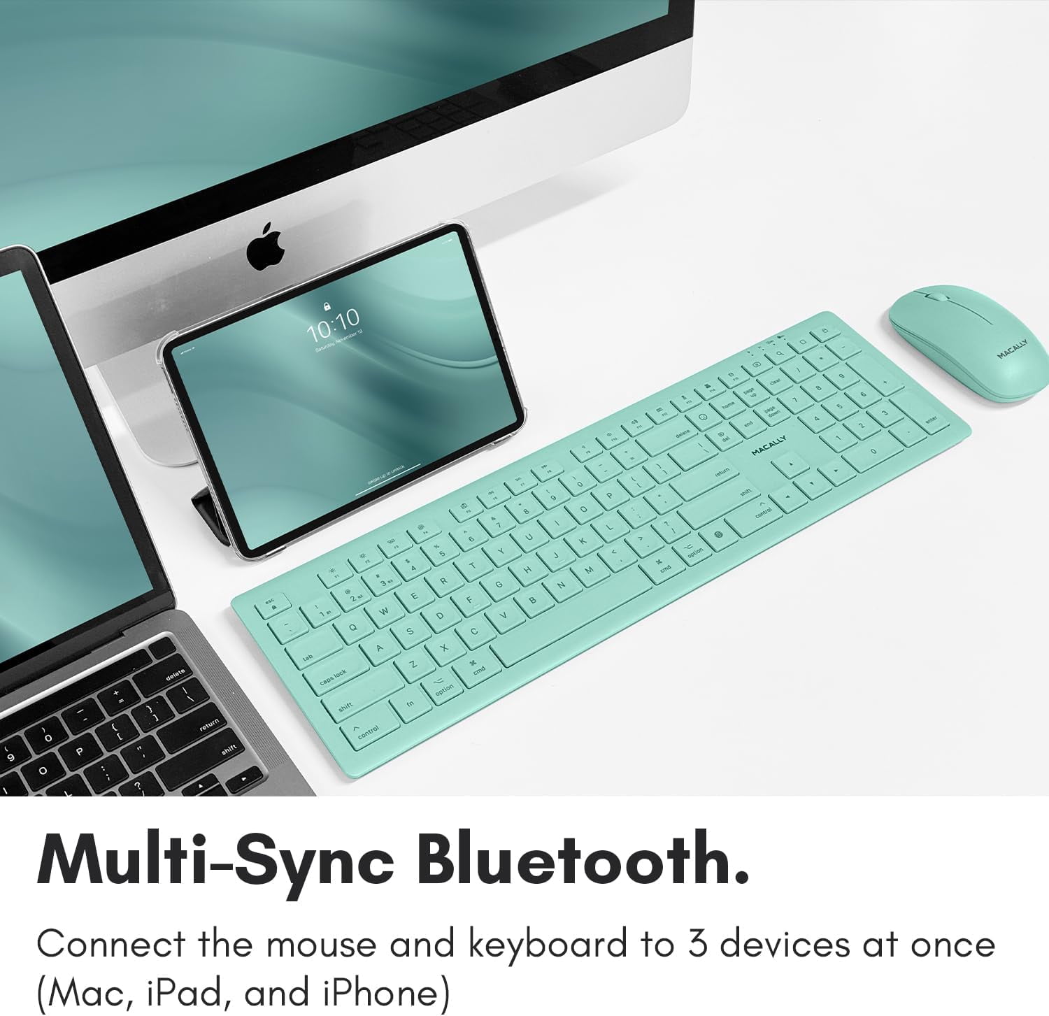 Macally Wireless Keyboard and Mouse Combo for Mac Mini/Pro, iMac, MacBook, iPad, iPhone - Compatible Bluetooth Apple Keyboard and Mouse Combo (Multi Device, Rechargeable, Emoji Keys) - Light Green