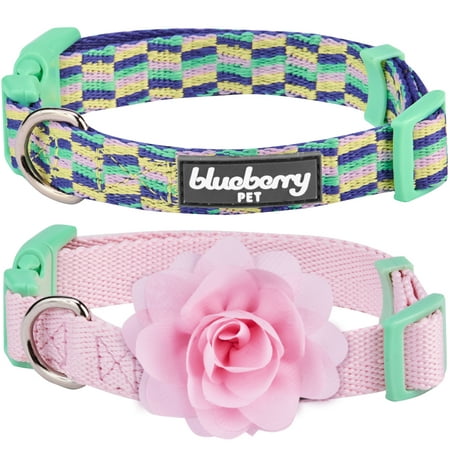 Blueberry Pet Pack of 2 Mix and Match Pretty Picks Dog Collar for Puppies & Small Dogs with Detachable Pink Flower, S, Neck