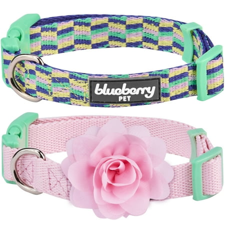 Blueberry Dog Collar 1 Inch Blueberry Pet Pack of 2 Mix and Match Pretty Picks Dog Collar for Puppies & Small Dogs with Detachable Pink Flower, S, Neck 12