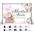 thumbnail image 2 of Fondos de cumpleaños con temática de aventura, globos florales rosas, maleta, fondo para fotos de viaje, decoración de fiesta de cumpleaños, pancarta, fondo para fotografía de baby shower de aventura, 2 of 5