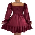 thumbnail image 4 of Womens Mini A-Line Dress Sexy Long Sleeve Square Neck Smocked Ruffle Plain Dresses Apricot XL, 4 of 5