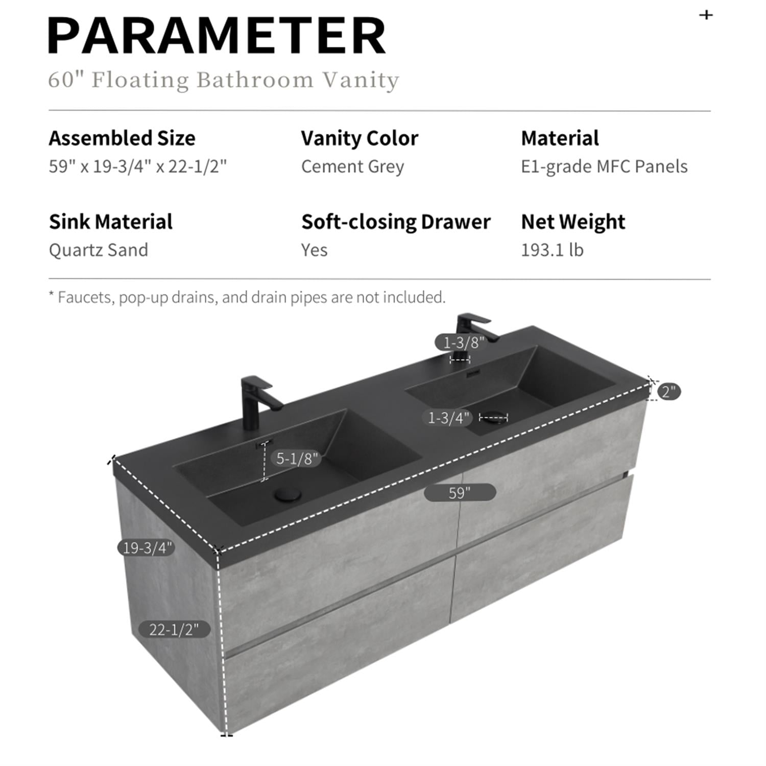 Demi Bonn 59" Floating Bathroom Vanity with Sink, Double Black Quartz Sand Top Basin and 4 Soft Close Drawers, Faucets and Drains Not Included, Gray