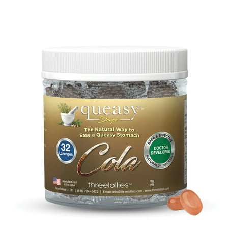 Three Lollies Queasy Drops - Cola Flavor - Relief from Nausea & Travel Sickness, Soothes a Dry Mouth & Settles Stomach - Natural Ingredients - 100 ct