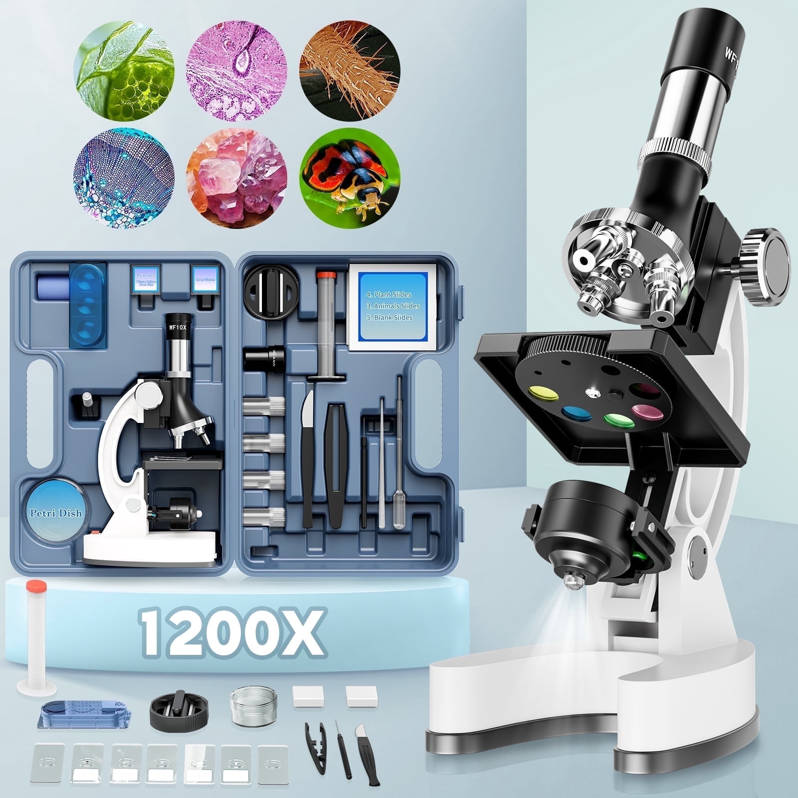 BEBANG Kids Microscope Kit, 100X–1200X Compound Microscope for Kids with LED Light, Prepared and Blank Slides, Science Tools and Carrying Case, Educational STEM Toy Gift for Boys and Girls
