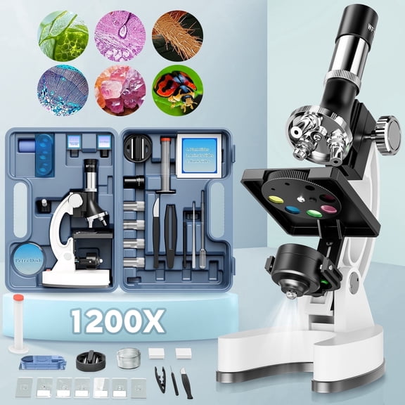 BEBANG Kids Microscope Kit, 100X–1200X Compound Microscope for Kids with LED Light, Prepared and Blank Slides, Science Tools and Carrying Case, Educational STEM Toy Gift for Boys and Girls