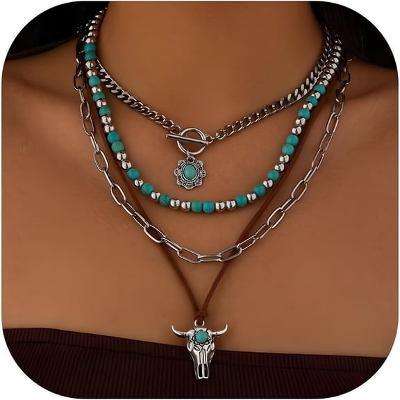 DESIGNICE 2026 New Western Necklaces Boho Layered Charm Necklace for Women Turquoise Beaded Choker Ox-Head Pendant Necklace Western Jewelry for Women Cowgirl Accessories