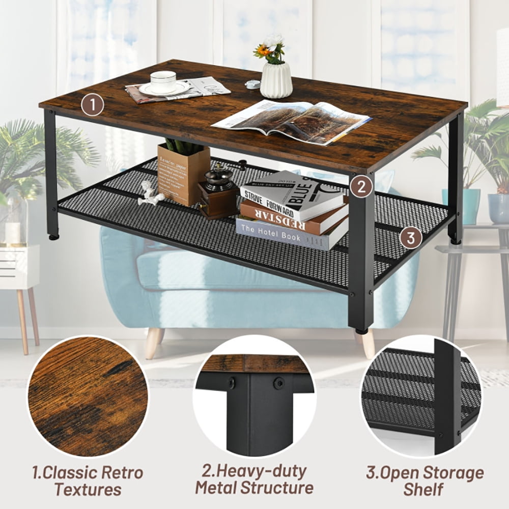 Finihen Wooden Coffee Table, Rectangular Coffee Table, Metal Frame Wood Coffee Table Console Table with Storage Shelf, for Living Room, Reception Room, Office, Rustic Brown