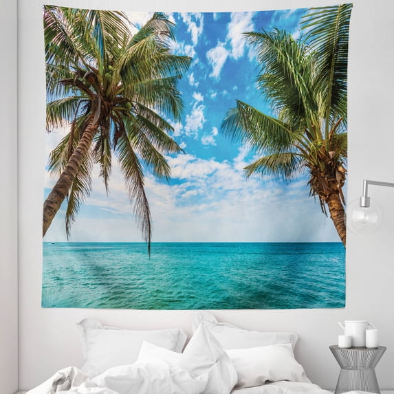 Trees Tapestry, Morning Sunrise Time Beach Exotic Coast Palms and Ocean Scenery Print, Fabric Wall Hanging Decor for Bedroom Living Room Dorm, 5 Sizes, Olive Green and Azure Blue, by Ambesonne