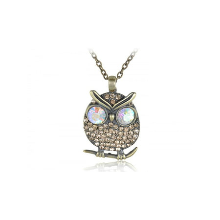 Topaz Yellow Crystal Rhinestone Owl AB Big Eyed Costume Jewelry Pendant Necklace
