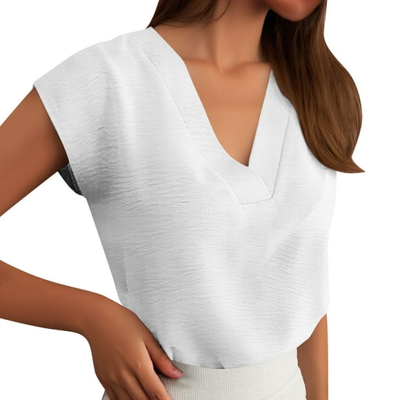 Blusa texturizada con mangas casquillo y cuello en V para mujer - 2025 Camisa informal de verano para el trabajo, poliéster - Corte holgado para el trabajo/salidas - Tallas estadounidenses 4-22