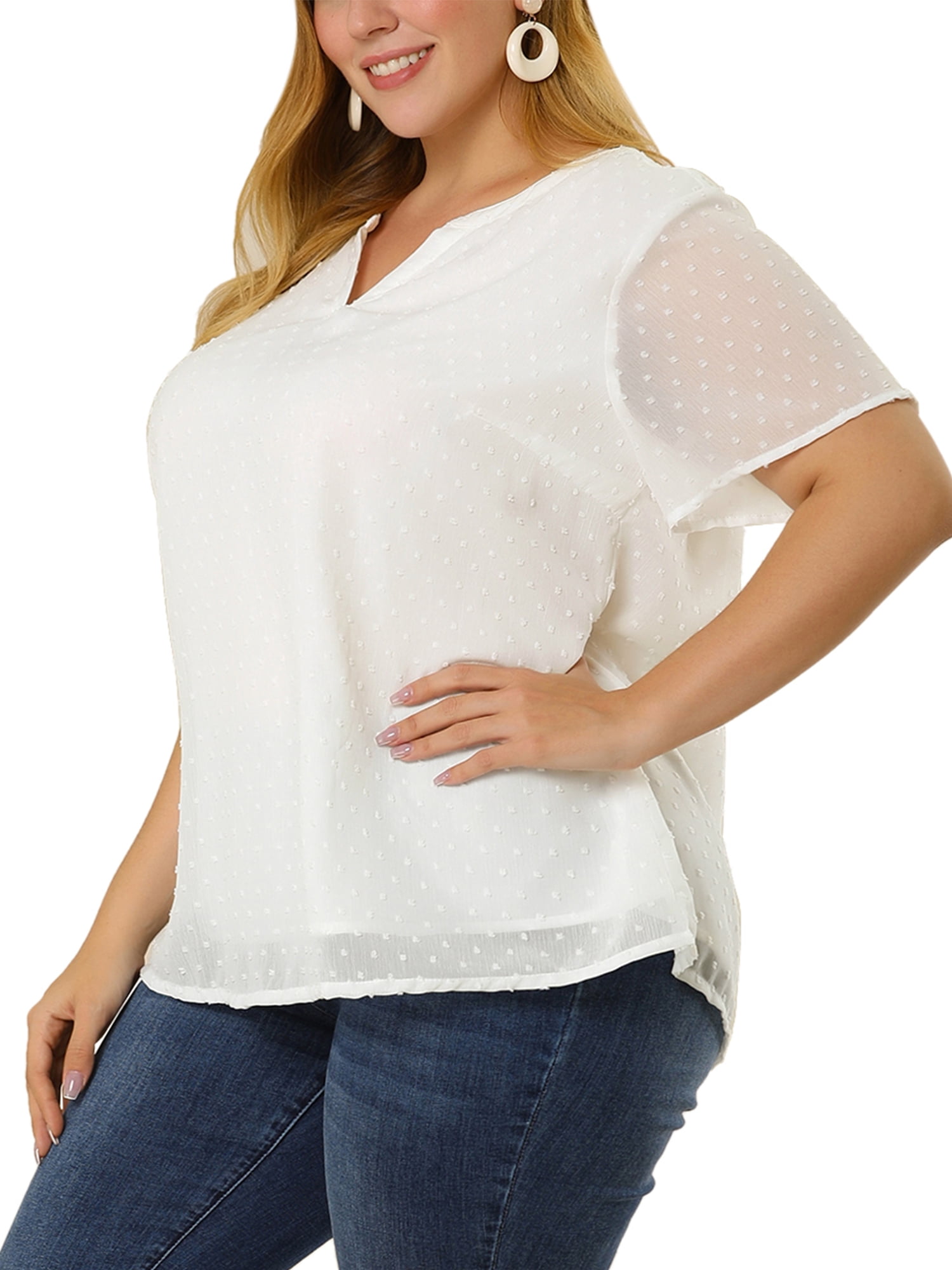 Unique Bargains Women's Plus Size Outfits Fashion Solid Pin Dots V Neck Top 4X White