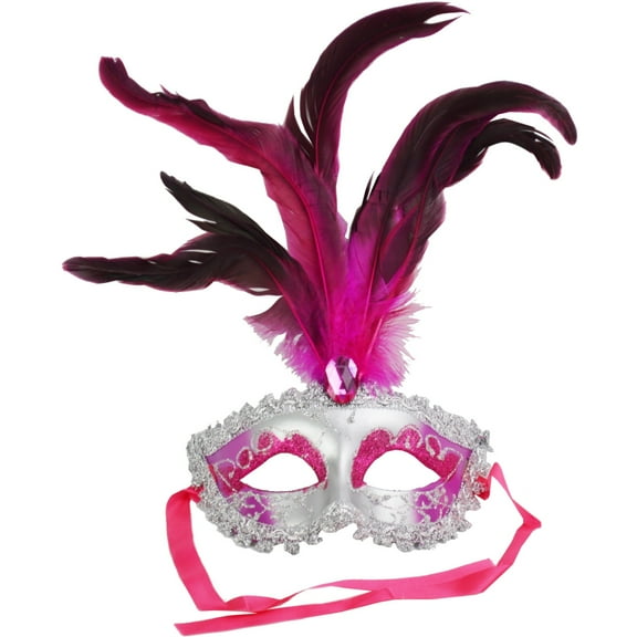 Carnival Mardi Gras Costume Eye Mask with Jewel and Feather Plume, Silver/Fuchsia