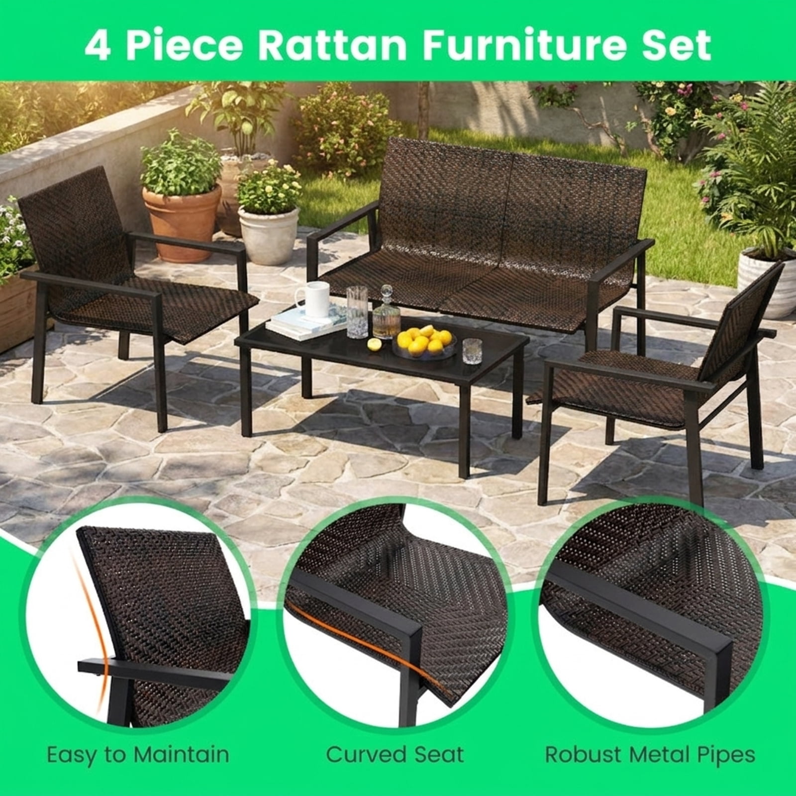 Furnibear 4 Piece Galvanized Metal Patio Furniture Set with Machine Woven PE Rattan Loveseat 2 Ergonomic Chairs and Tempered Glass Coffee Table for Backyard Poolside Balcony, Brown