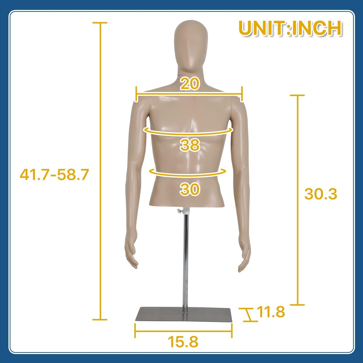 Male Mannequin 42-59 inch Adjustable Mannequin Torso Dress Form Model Sewing Manikin Detachable Mannequin Stand w/Metal Base