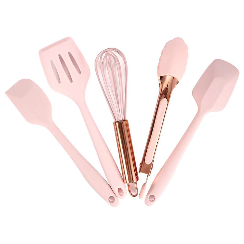Hvanam Rose Gold And Pink Kitchen Utensil Small Five-Piece Set Mini Silicone Kids Kitchen Tools Whisk Spatula Tongs Spoon And Slotted Spatula(Pink 5 Piece)