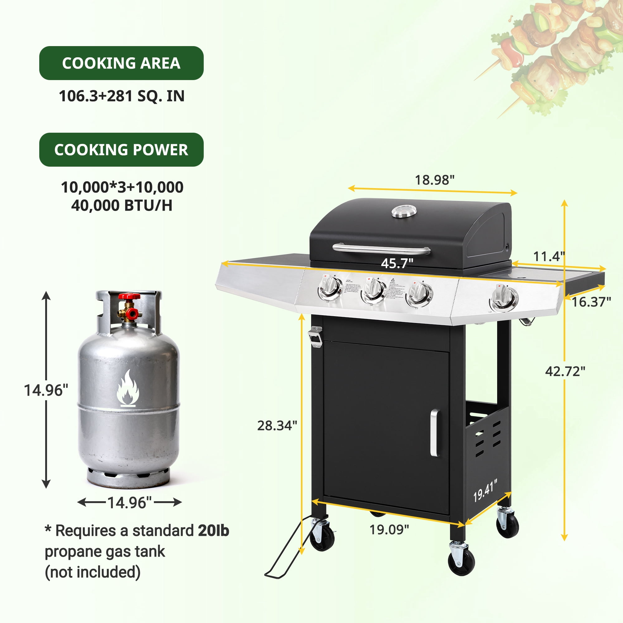 BBQ Grill, Seizeen Gas Grill with Side Burner, 40,000BTU 3-Burner Propane Grill w/Storage Cabinet, Steel Brush, Stainless Steel Camping for Backyard Patio, Portable Design on Wheels