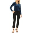 thumbnail image 2 of INSPIRE CHIC Women's V Neck Velvet Blouse Long Sleeve Ribbed Knit Solid Velvet Blouse Tops Blue XS, 2 of 5