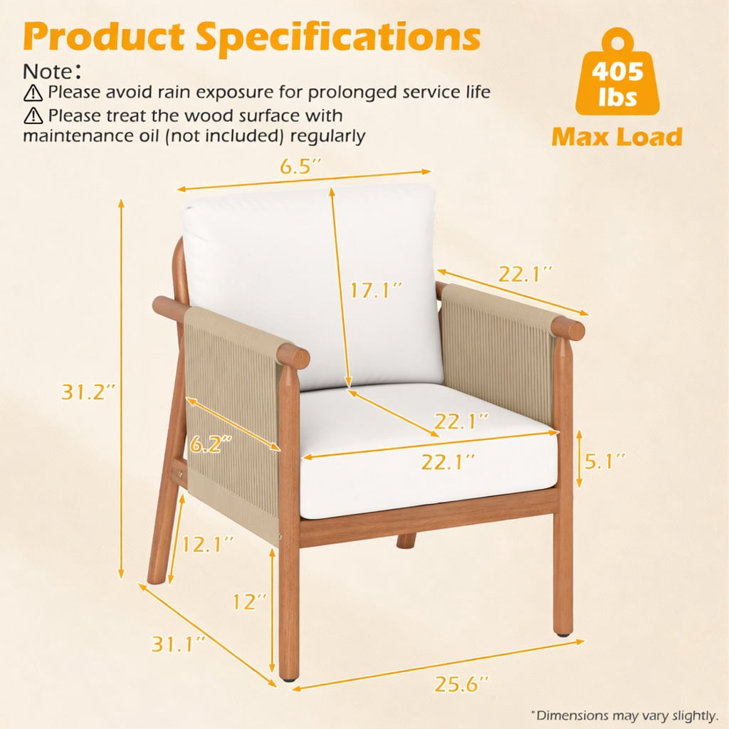 Hommoo Acacia Wood Patio Chair with Woven Rope Armrests, Outdoor Dining Chair for Backyard, Balcony, Porch, Ergonomic 106° Recline, White
