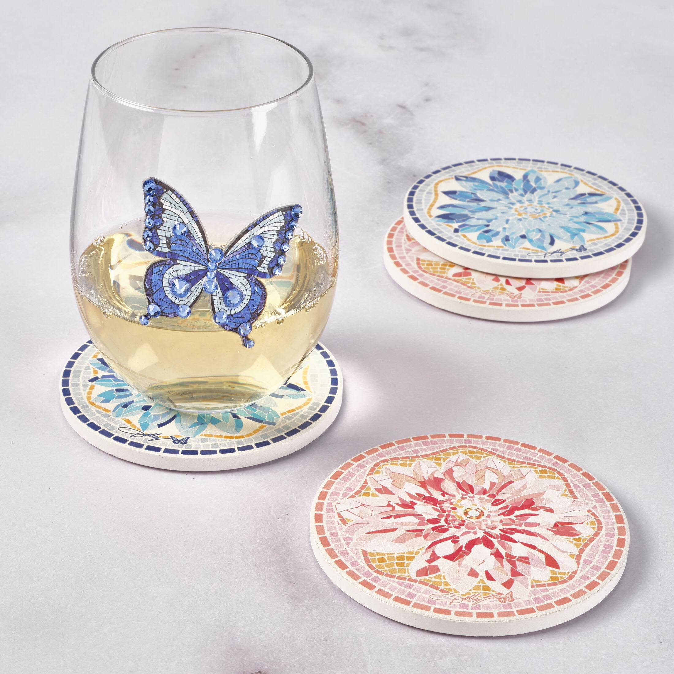 Dolly Parton 8.5 in Blue Red Mosaic Flower Ceramic Coasters