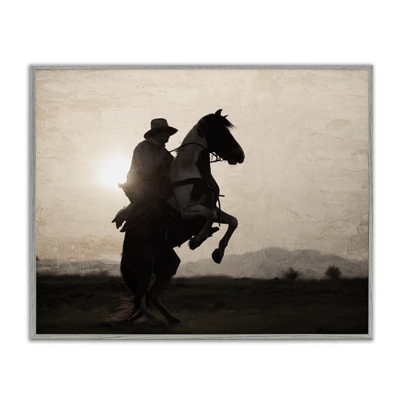 Stupell Industries Rustic Lodge Cowboy & Rearing Horse Gray Framed Giclee Art, 30 x 24, by Kim Allen