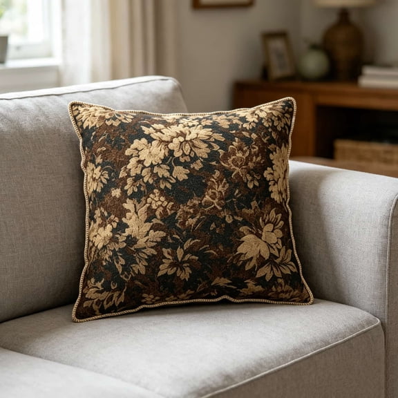 Vintage Dark Brown Floral Print Polyester Throw Pillow Cover, Braided Piped Edge Hidden Zipper Square Cushion Case