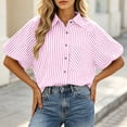 thumbnail image 2 of LEKWK Womens Summer Tops Button Down Short Puff Sleeve Striped Shirts Lightweight V Neck Loose Fit Collared Tops Fashion Casual Daily Outfits, 2 of 5