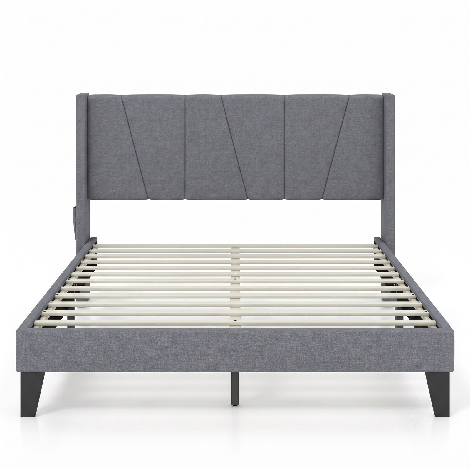 Furnibear Queen Bed Frame with Headboard, Upholstered Platform Bed with Wingback Headboard, Wood Slat Support and Side Storage Pockets, Gray