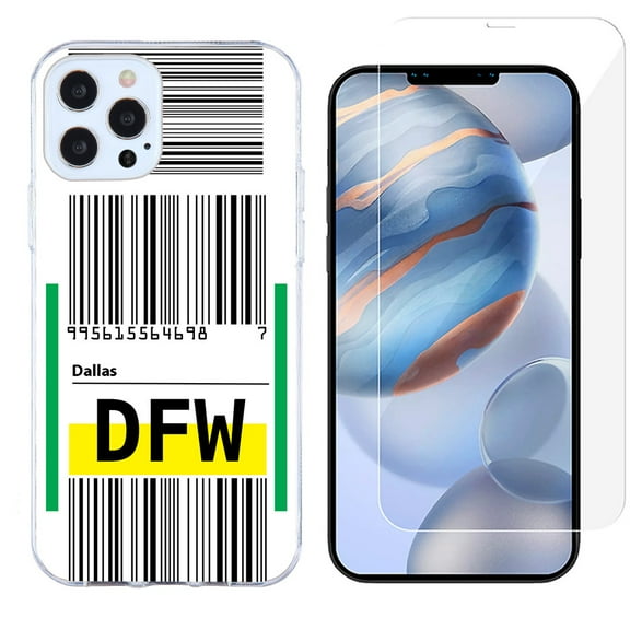 Slim-Fit Protective Phone Case compatible with iPhone 12 Pro Max, with Tempered Glass Screen Protector, by OneToughShield ® - Airport Tag / Dallas