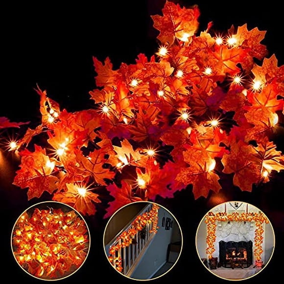4 Pack Decoraciones de Acción de Gracias Guirnalda Luces de Cadena Otoño para Interior y Exterior, 40Ft 80LED, Hojas de Arce Mejoradas, Funcionamiento con Pilas, Decoración de Otoño, Luces Iluminadas