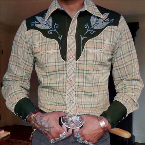 Men'S Western Cowboy Shirts Long Sleeve Embroidered Shirts Slim Fit Casual Button Down Shirt With Pockets Men Shirts