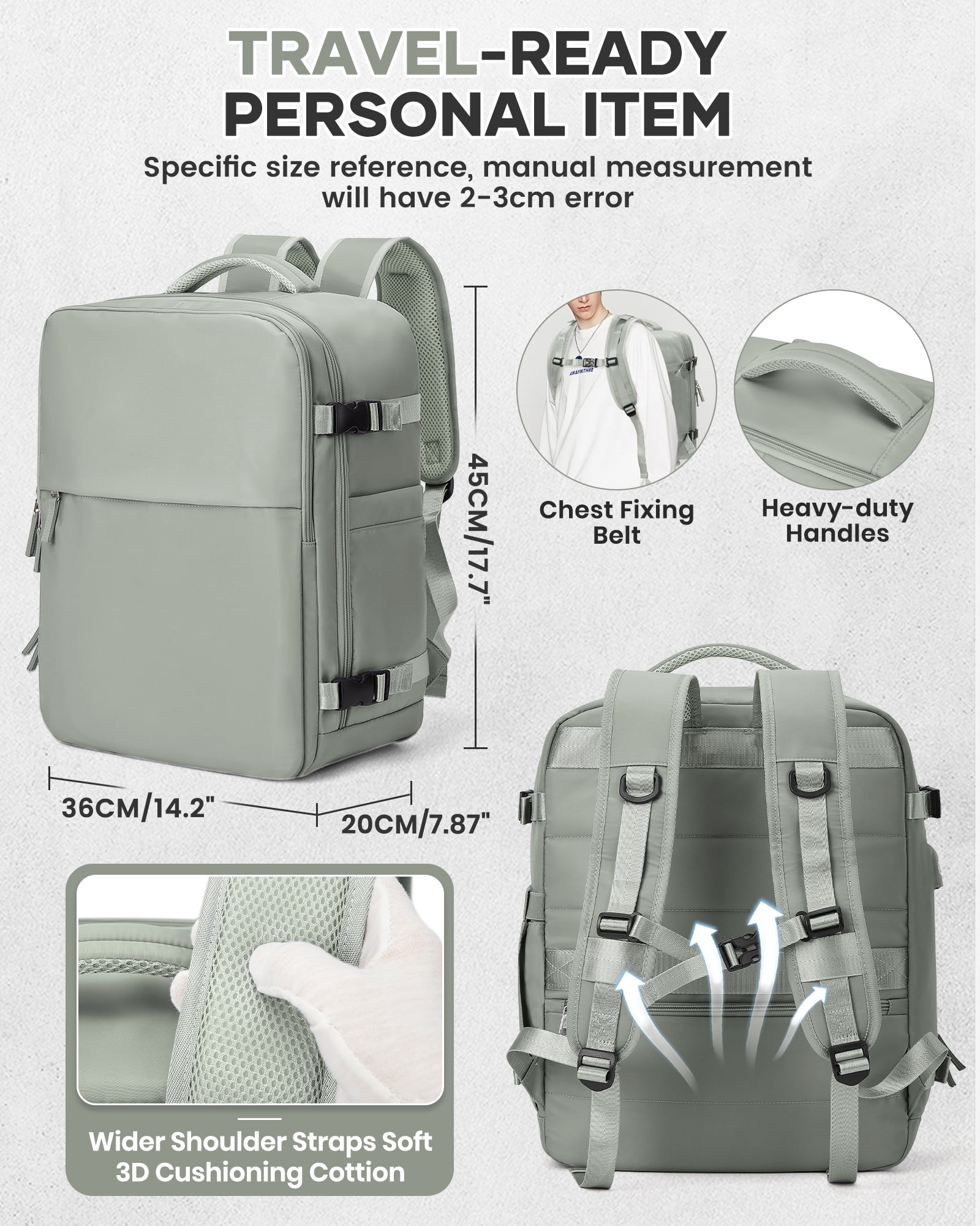 Travel Airback Backpack with Vacuum Compression, Waterproof Travel Backpacks with Air Pump, Large 18×14×8 inch Personal Item Bag United Airlines Approved, Vacuum Seal Backpack Gray Green