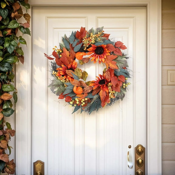 Halloween Decoration, Seasonal Door Wreath,Pumpkin Maple Decor,Pumpkin Wreath Maple Leaves And Sunflowers Wreath Wreath Holiday Party Front Door Decoration Outdoor Wreaths