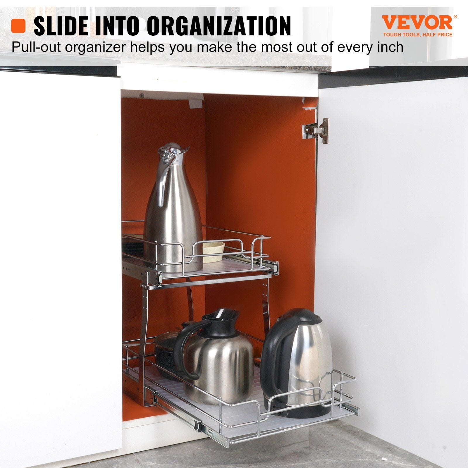 2-Tier 14"W x 21"D Heavy Duty Pull-Out Cabinet Organizer, Chrome-Plated Steel Roll-Out Shelves, Sliding Drawer Storage for Kitchen Cabinets, Pantry, Bathroom & Under Sink