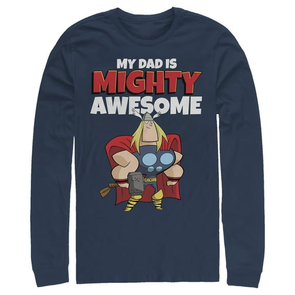 Men's Marvel My Dad is Mighty Awesome Cartoon Thor  Long Sleeve Shirt Navy Blue X Large