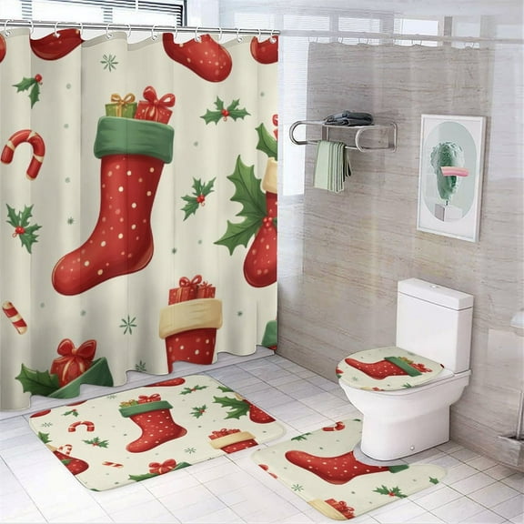 Christmas Stockings And Holly Pattern Shower Curtain Waterproof Bathroom Curtain Set with Hooks Home Decor Bathroom Curtains 4pcs